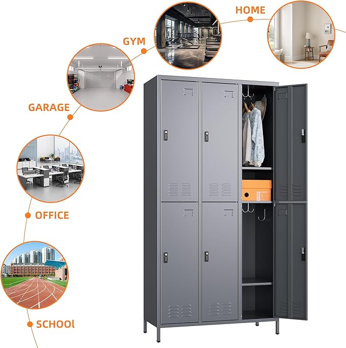 METAN Metal Locker for School Office Gym Bedroom,with Password Lock,6 Doors Steel Storage Lockers Cabinet for Employees,Industrial Storage with 1 Shelf,Assembly Required,Dark Gray