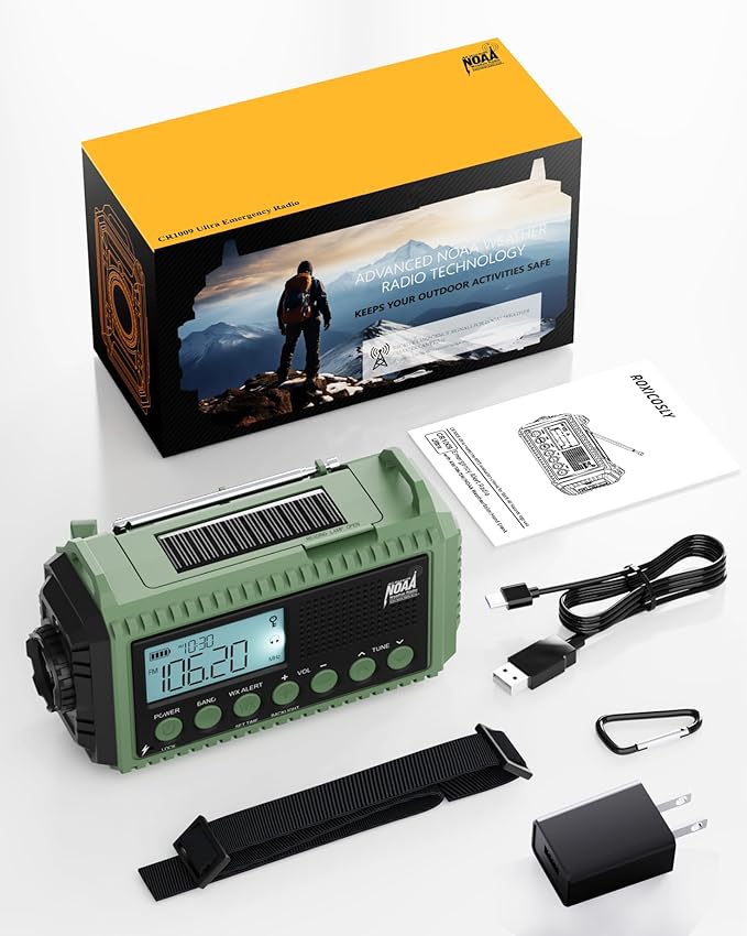 Emergency Weather Radio, Hand Crank 12000mAh Battery Powered Auto Alert NOAA Radio,130H Runtime, LCD Digital Display, SOS, Flashlight,Phone Charger, Solar Portable AM/FM/SW Radio for Emergency/Outdoor