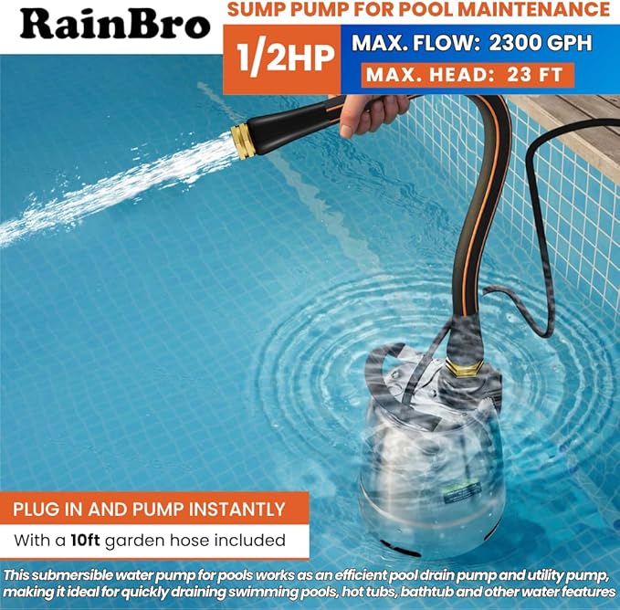 Sump Pump Submersible With 10Ft. Garden Hose, Water Pump, Portable Utility Pump, 25-Foot Cord, Ideal for Swimming Pool, Garden Pond, Hot Tub, and Flood Basement Draining