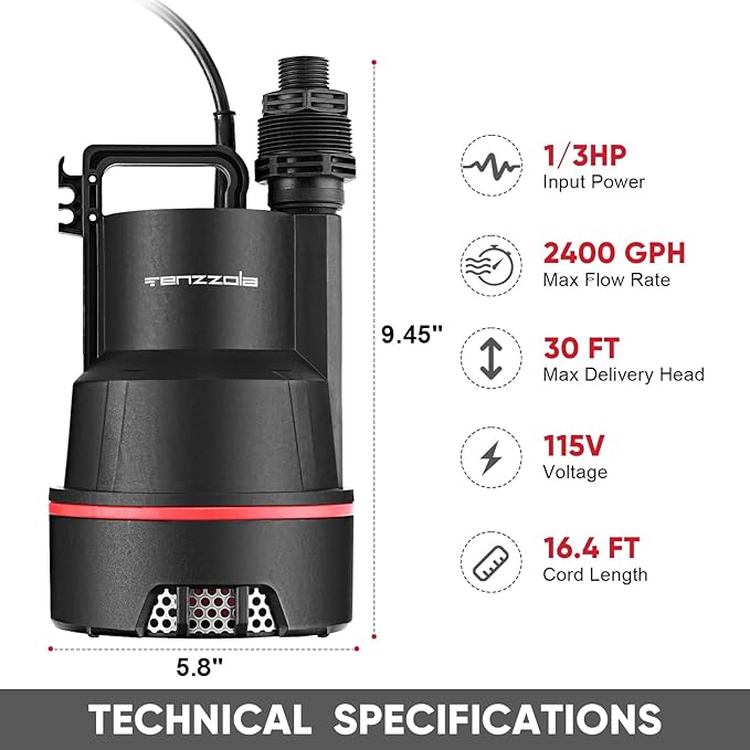 Sump Pump, 1/3 HP 2400GPH Submersible Utility Water Pump, Thermoplastic Portable Electric Water Removal Transfer Pump with 16.4FT Cord for Swimming Pool Basement Garden Pond Tubs Draining