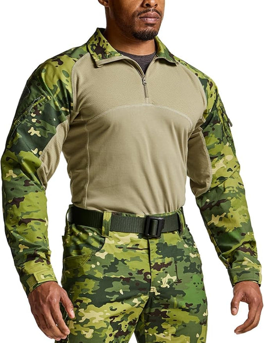 CQR Men's Combat Shirt Tactical 1/4 Zip Long Sleeve Military BDU Shirts Camo EDC Top with Pockets
