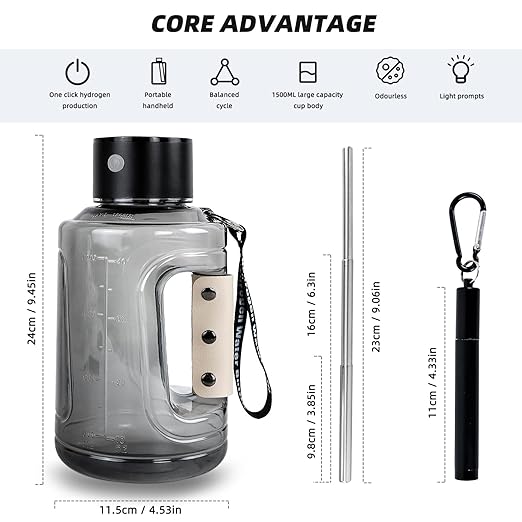 Hydrogen Water Bottle, Large Hydrogen Water Bottle Generator, Portable Rechargeable 57OZ/1.5L Hydrogen Water Machine with Foldable Straw with SPE Technology for Home, Office, Travel, Sport