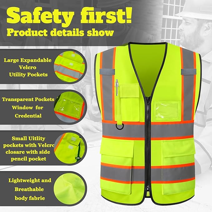 Custom Logo Safety Vest–Reflective High Visibility 2-Tone Work Vest for Men Construction Jacket Vests with Zipper Pockets