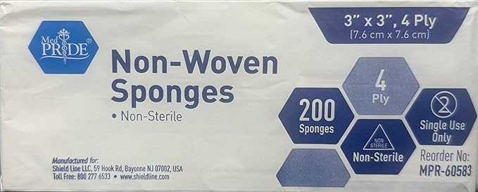 MED PRIDE 3x3 in Gauze Pads 200 Pack, Nonsterile, 4 Ply, Nonadherent Mesh Bandages, Absorbent Wound Care Dressing Sponges