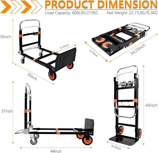 SST Upgraded Folding Hand Truck Dolly Cart, 660 LB Heavy Duty Luggage Cart, 3 in 1 Folding Hand Cart with Wheels and Bungee Cords for Moving Travel Shopping Airport Office