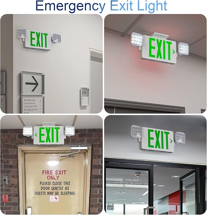 TANLUX Green Exit Sign with Emergency Lights, LED Exit Light - Battery Backup, UL Listed, AC 120/277V - Corded Commercial Emergency Light Combo