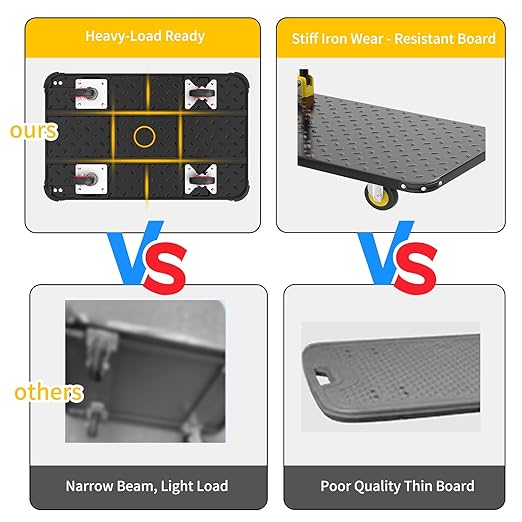 Foldable Push Cart Dolly, 330lbs Flat Bed Carts with Wheels & Anti-Collision Strips, Heavy Duty Platform Truck for Household Tasks, Moving, 360° TPR Mute Wheels, Easy Maneuver, Black Yellow