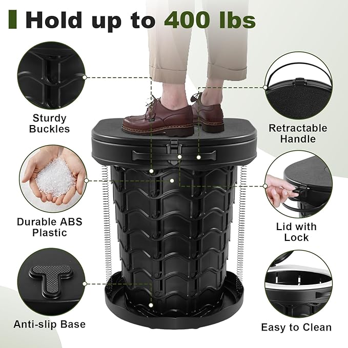 Collapsible Portable Toilet with Odor-Lock Lid - 1-Minute Setup Adjustable Height (2.95in-13.58in) 400lbs Capacity, Backpack-Friendly 3-in-1 Camp Potty for Camping, Hiking, Car, RV & Emergency Use
