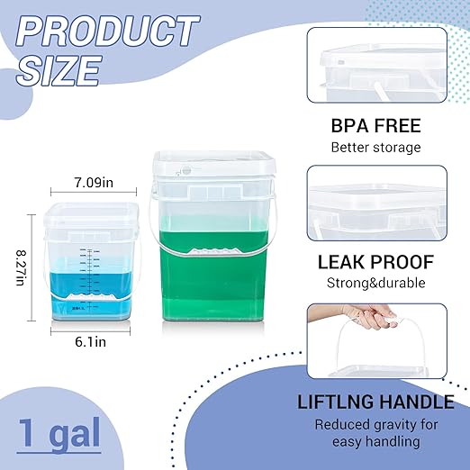 ASEVAT Square 1 Gallon Bucket with Lid, Clear Food Grade Storage Containers with Lids, Pail Container with Handle, Bucket for Cleaning Heavy-Duty Extra Durable BPA Free