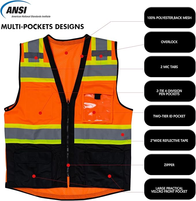 VENDACE Safety Vest Hi Vis Reflective Vest for Men with Pockets ANSI Class 2 High Visibility Construction Work Vest