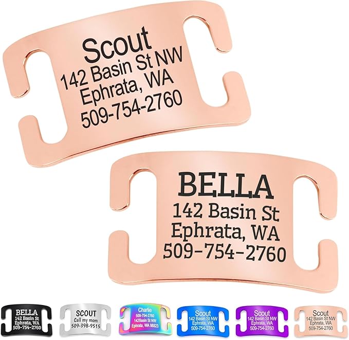 GoTags Slide-On Pet ID Tags, Curved Personalized Dog and Cat, Silent, No Noise Stainless Steel, Custom Engraved in 4 Sizes for Large and Small Pets, Rose Gold