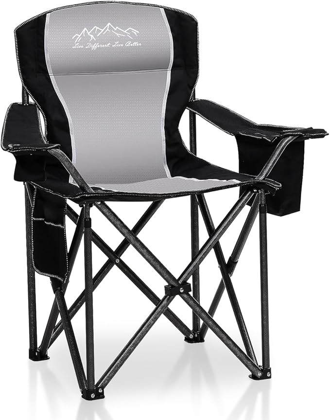 Folding Camping Chair Portable Outdoor Heavy Duty Padded Chairs Lawn Chair with Cup Holder, Storage Pocket and Cooler Bag, Supports 450LBS Black