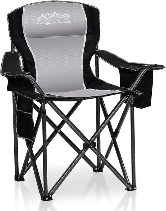 Folding Camping Chair Portable Outdoor Heavy Duty Padded Chairs Lawn Chair with Cup Holder, Storage Pocket and Cooler Bag, Supports 450LBS Black