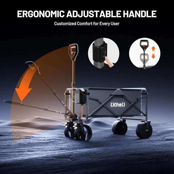 Litheli Electric Collapsible Wagon Cart with Brakes,100L Grocery Cart with Wheels,Easy to Carry Folding Wagon and Fast Charger for Camping, Gardening, Shopping