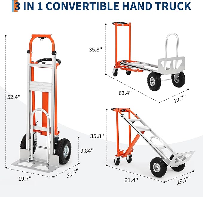 3 in 1 Convertible Hand Truck Dolly, 770 LBS Load Capacity Folding Cart with Wheels, Elastic Straps, Aluminum Collapsible Dolly Cart for Home, Warehouse, Supermarket, Office