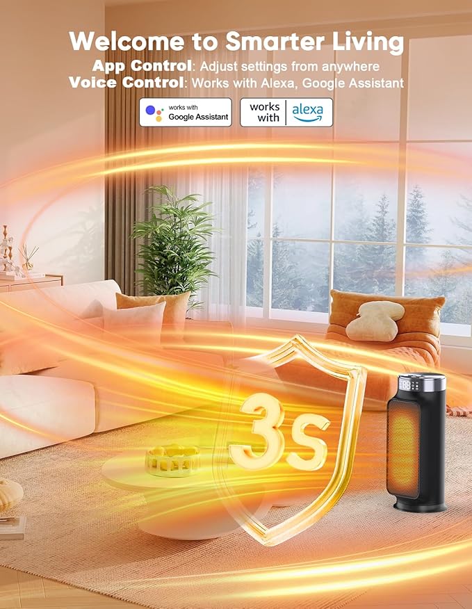 Smart Space Heater, 1500W PTC Heater with Wifi/App/Alexa/Google Voice Control for Indoor Use, Heats & Cools 2 in 1 Eco Heater for Home Office Bedroom Living Room Bathroom Nursery Apartment
