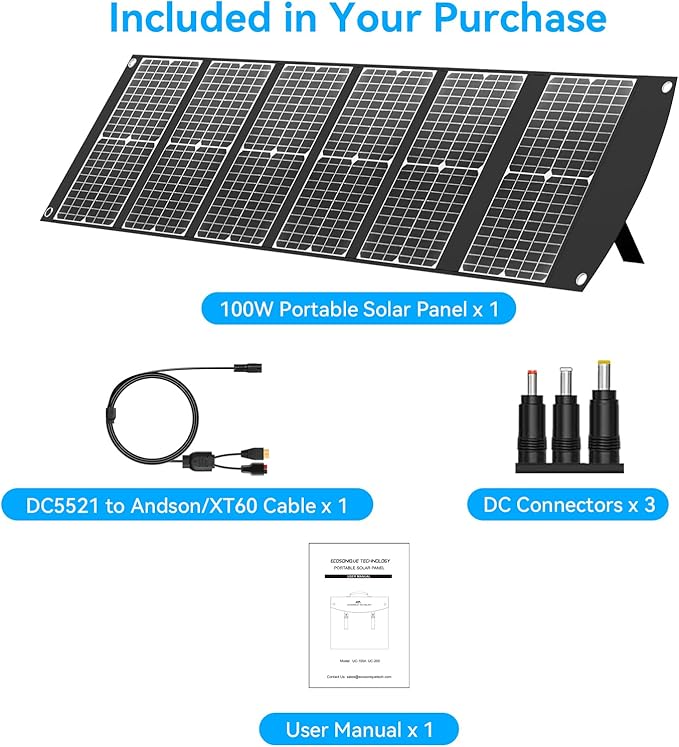 Extremely Lightweight and Compact Foldable Ecosonique 100W Portable Solar Panels Charger for Camping Power Station, Solar Generators, Cell Phones with USB QC3.0, Type-C PD3.0, Anderson and XT60 DC 20V