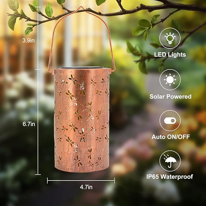 YISITEONE Dragonfly Outdoor Solar Lanterns, Garden Waterproof Metal Hanging Decor Lights for Patio Yard Pathway Lawn Front Porch, Birthday Gardening Gifts for Women Mom Grandma