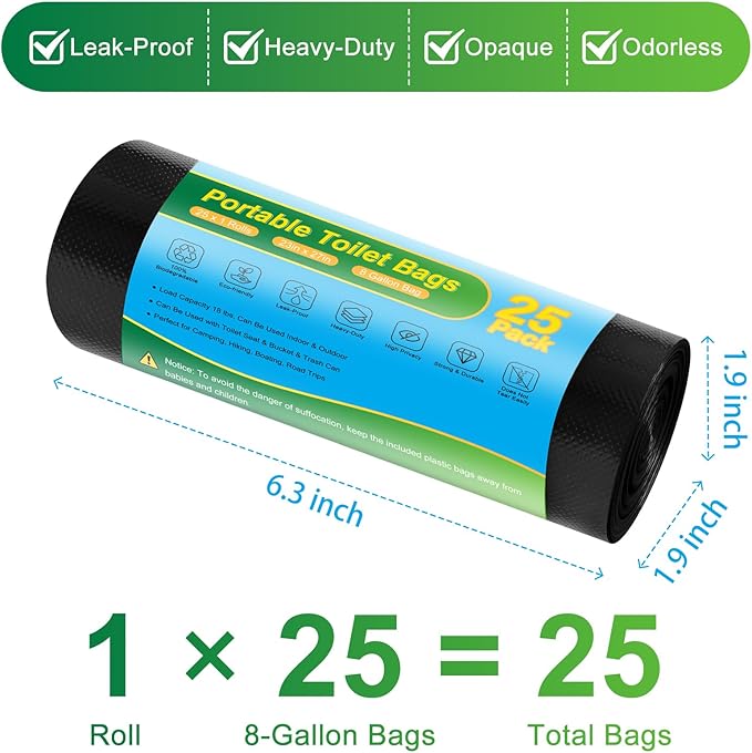 Portable Toilet Bags - 8 Gallon Camping Toilet Bags, Biodegradable Travel Potty Bag for Portable Toilet, Thickened Camp Toilet Waste Bags for 5 Gallon Bucket Toilet, Compostable Trash Bags