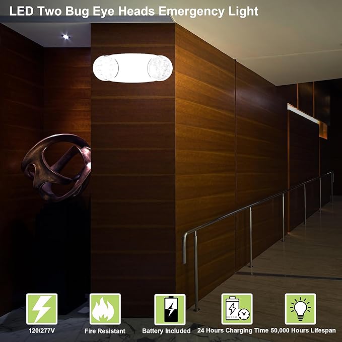 GRUENLICH LED Emergency Light, Exit Lighting Fixtures with 2 LED Bug Eye Heads and Back Up Batteries, UL 924 Qualified, 120/277 Voltage, 1-Pack