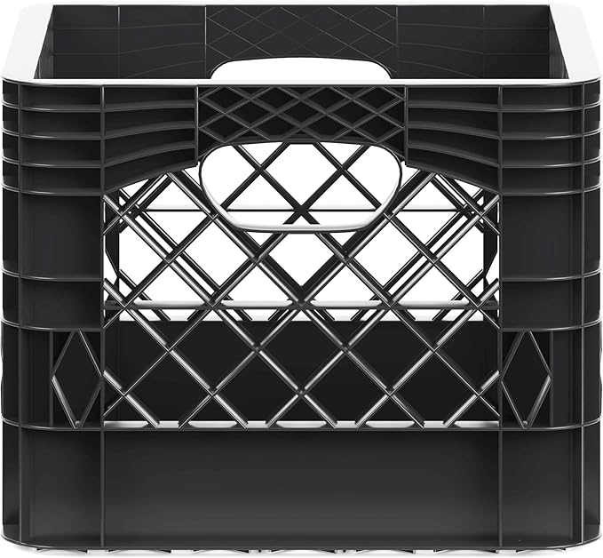 13 in. x 13 in. x 11 in. Heavy-Duty Black 16 Qt Milk Crate | 4 Pack | Stackable Storage Container with Handles