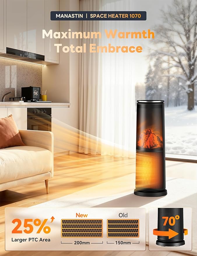 Manastin Space Heaters for Indoor Use, 120° Oscillation Electric Heater with Remote, Adjustable Thermostat, Flame Effect, 24H Timer, Safety Protection, Portable Heater for Large Room, Office