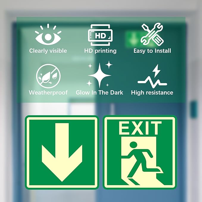 4 Pack Green 6"x6" PVC Emergency Exit Signs, Glow In The Dark, Adjustable Orientation, Waterproof & Dustproof, Easy Install with Adhesive Backing