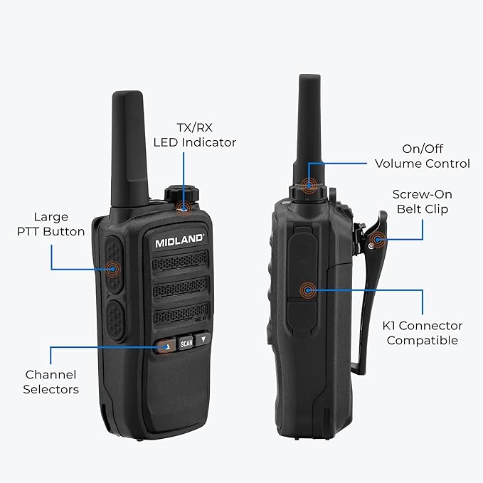 Midland BR10 Heavy-Duty Business Walkie Talkies – 2-Watt Long Range Two-Way Radios, FRS License-Free, Rechargeable Battery, Portable Handhelds for Job Sites & Manufacturing (6-Pack)