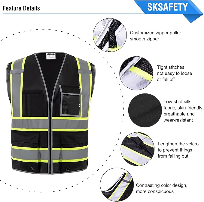 SKSAFETY 10 Pockets Safety Vest, Class 2 High Visibility Security with Zipper, Hi Vis Vest with Reflective Strips, ANSI/ISEA Standard, Construction Work Vest for Men ＆ Women （Black, 2XL）