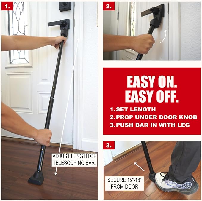 SECURITYMAN 2-in-1 Door Security Bar & Sliding Door Security Bar - Door Jammer Constructed of High Grade Iron - Black Door Stoppers Security Bar