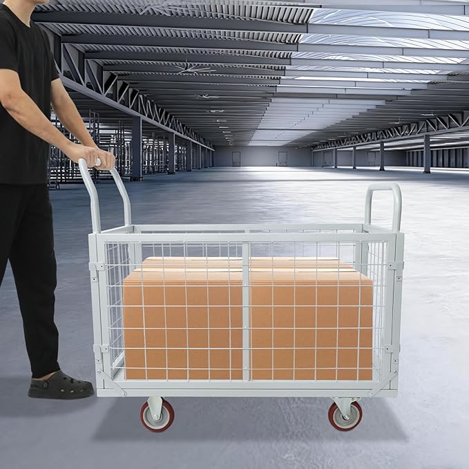 Platform Truck Cart with Cage, 4 in 1 Mutipurpose Handcart with Wheels, 1800lbs Capacity Heavy Duty Push Cart Dolly Foldable Flatbed Cart for Workshops Warehouses Supermarkets
