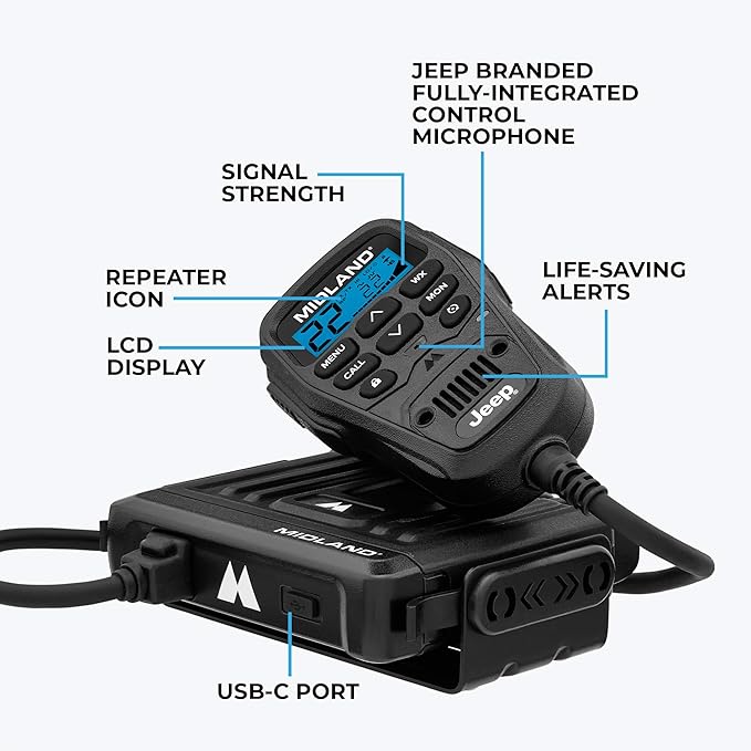 Midland® - MXT275® Jeep Branded MicroMobile GMRS Radio - 15 Watts Two-Way Radio with Integrated Control Microphone - Overland Tractors Detachable External Magnetic Mount Antenna - 8 Repeater Channels