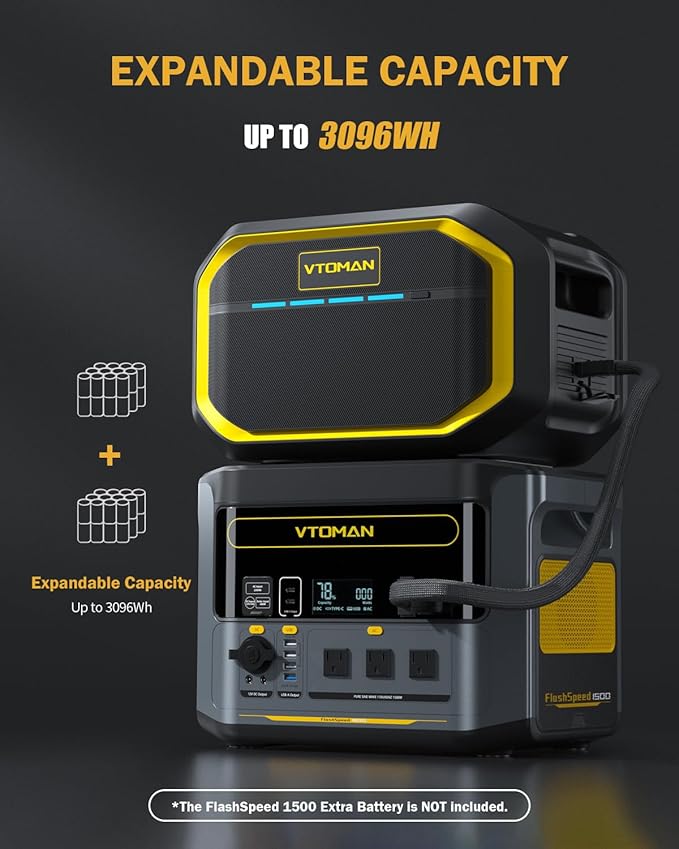 VTOMAN Flash Speed 1500 Pro Power with Extra Battery & 200W Solar Panel - 3096Wh Capacity & 1500W Output for Extended Home Backup, Long RV Trips, Severe Weather & Emergencies