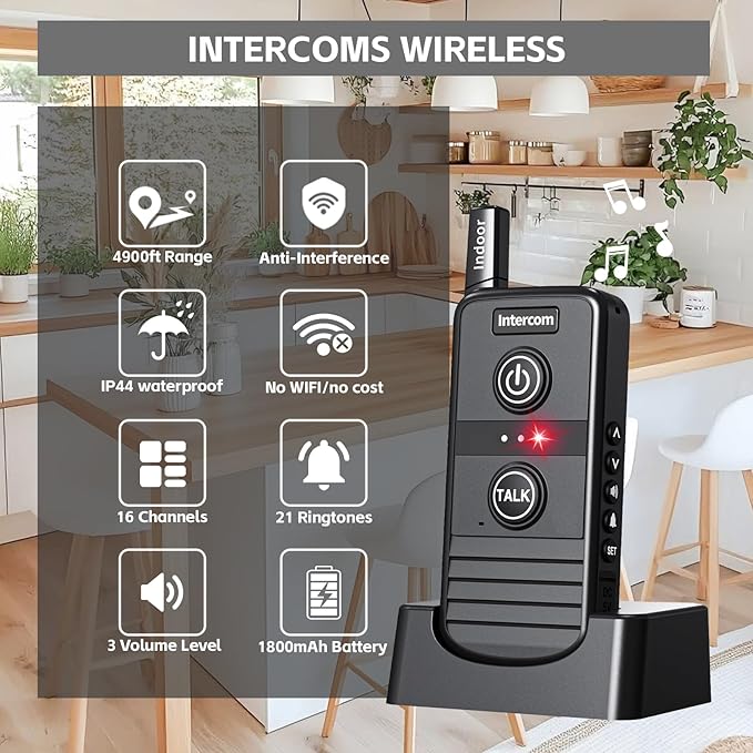 Long Range Wireless Doorbell 4900ft, Two Way Intercom System with 21 Chimes, 3 Volume Control,IP44 Waterproof Room to Room Intercoms for Home Office Hospital (2 Pack)