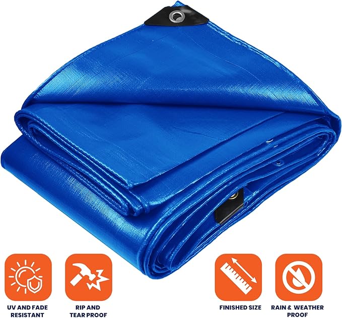 Tarpco Safety Extra Heavy Duty 14 Mil Tarp Cover, Waterproof, UV Resistant, Rip and Tear Proof, Poly Tarpaulin with Reinforced Edges for Roof, Camping, Patio, Pool, Boat (Blue 24′ X 36′)