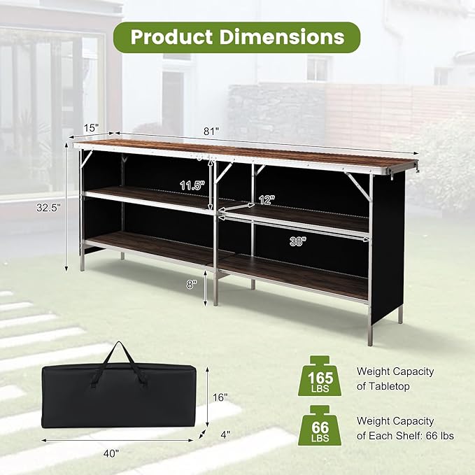 COSTWAY 81" Folding Picnic Table, Portable Bar Table with Carry Bag, Lightweight Aluminum Food Prep Station with 2 Shelves, Quick Set-up, BBQ, Party, Backyard, Brown