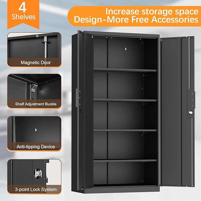 72" H Metal Garage Cabinet,Metal Lockable Storage Cabinet with 2 Doors, Locking Tall Garage Storage Cabinets with Adjustable Shelves,Tool Cabinets for Home Office,Gym,School (Black)