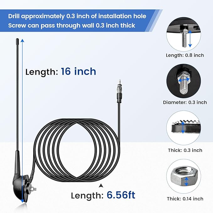Anina 16 Inch AM/FM Universal Top/Side Mount Antenna for Vehicle Truck Boat ATV UTV RV Motorcycle, 16" Car Radio Aerial Replacement Mast w/Mount Base and Extension Cable for Stereo Receiver Head Unit