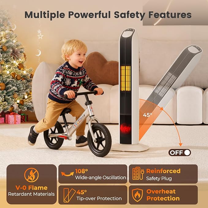 VCJ 33” Space Heater for Indoor Use, 1500W PTC Ceramic Electric Heater with Thermostat, Remote, 12H Timer, 108°Oscillation, LED Display Quiet Portable Heater for Bedroom Office