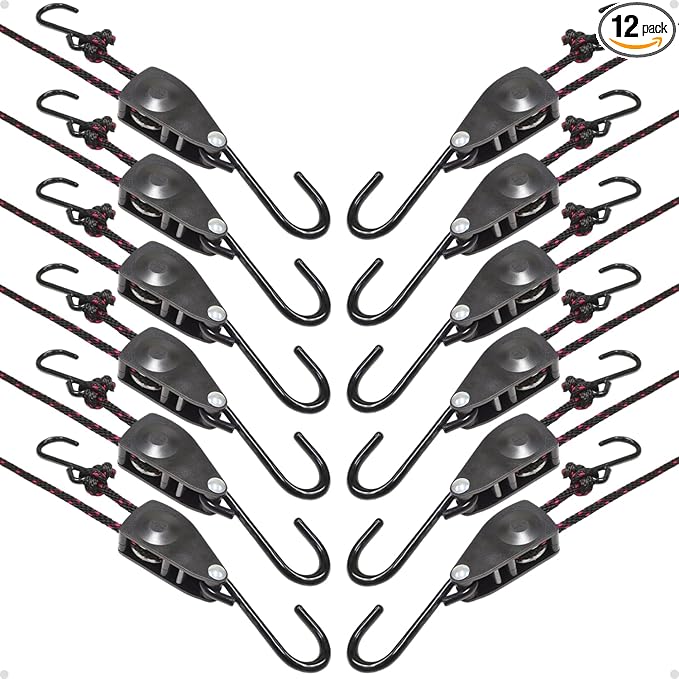 1/4" Heavy Duty Retractable Rope: 12 Pack of Tie Down Ratchet Straps - Works Well for Kayak or Boat