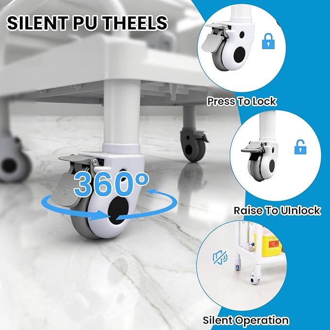 3 Tiers Medical Carts with 4 Wheels, Heavy Duty 330LBS Rolling Utility Cart with 2 Drawers, Trash Cans & Dirt Buckets, Medical Mobile Trolley Cart for Dental Clinics, Hospital and Beauty Salon