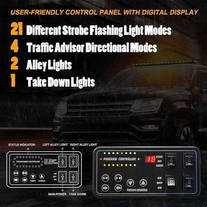 LUMENIX 48 Inch Rooftop Strobe Emergency Lights Bar Heavy-Duty Warning Flashing Traffic Lightbar w/LED Alley and Take Down Light for Construction Vehicles Towing Work Trucks Snow Plows - White Amber