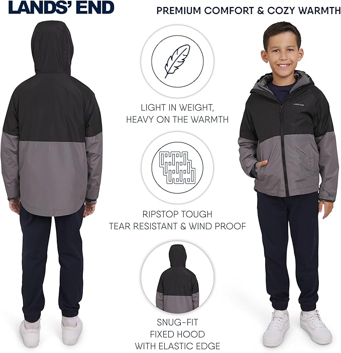 Lands' End Unisex Kids 3-in-1 Water Resistant Windbreaker and Zip-out Polar Fleece Jacket