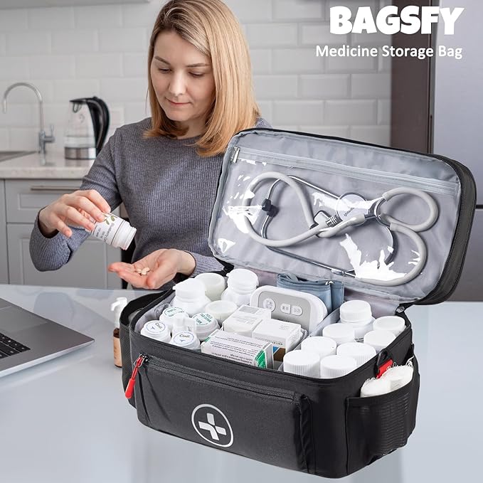 BAGSFY Travel Medicine Bag Organizer, Medical Bag Empty, Pill Bottle Organizer for Home, Large Medication Storage, Travel Carrying Case First Aid Kit Bags Empty, Emergency Kit.