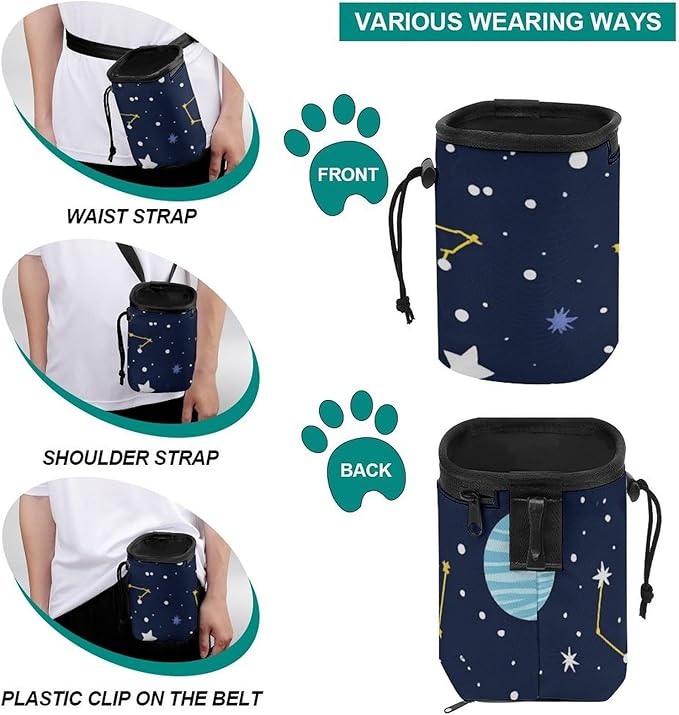 Fashion Dog Training Package, Portable Travel Pet Carrier Bag, Puppy Snack Pocket with Adjustable Waist Belt 3 Ways to Wear Blue Zodiac Galaxy Starry Night Stars Glow in The Dark Midnight