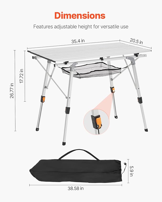 VEVOR Folding Camping Table, Portable Roll Up Side Tables, Lightweight Aluminum Beach Table for Outdoor BBQ Tailgating Picnic, Travel (35 inch-Silver)