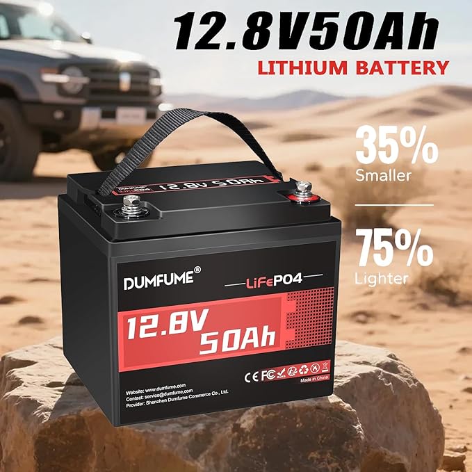 2 pack Dumfume 12V 50Ah LiFePO4 Lithium Battery, Built-in 50A BMS, 640Wh Energy with Low-Temp Protection,Ideal for RV,Solar,Home Energy Storage,Off-Grid,Industrial Backup Power