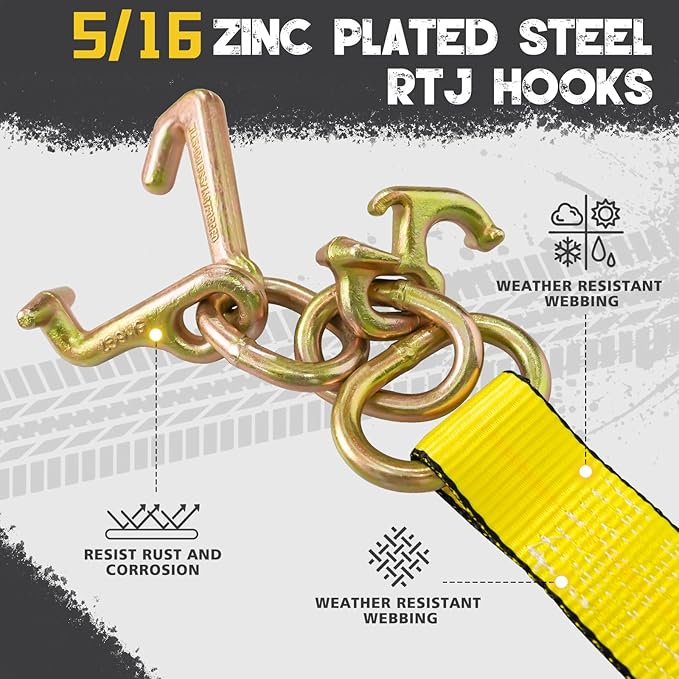 4PCs 2" x8' Recovery Winch Strap w/RTJ Cluster Hook, 10000LBS Tow Truck Car Wrecker Winch Tie Down Straps, Heavy Duty Autohauler Car Tie Down Straps