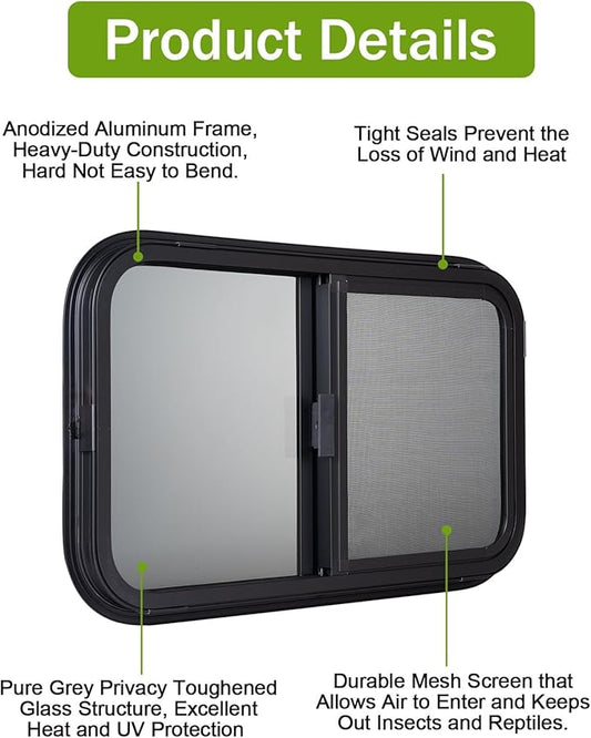 24"x15" RV Sliding Window - Horizontal Teardrop Style, DOT-Certified Tempered Glass & Trim Kit, Aluminum Alloy Frame w/Mesh Screen