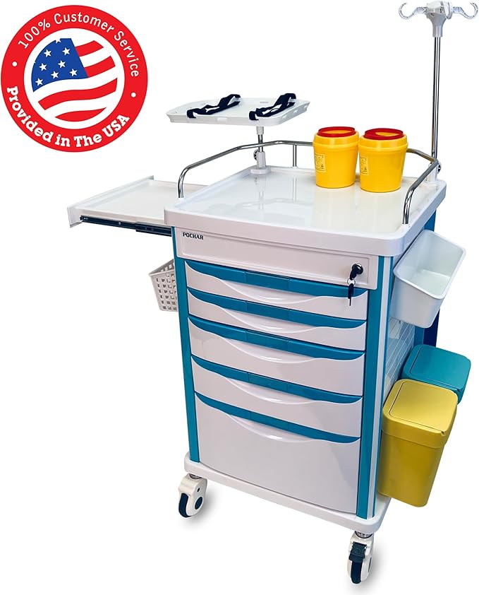 Pochar Medical Crash Cart with Emergency Accessory - Cardiac Board, IV Pole, O2 Holder, Power Strip, Trash Bin, Drawers with Dividers - Mobile Emergency Cart for Hospitals and Clinics